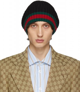 GUCCI ニット帽 ブラックウールウェブビーニー